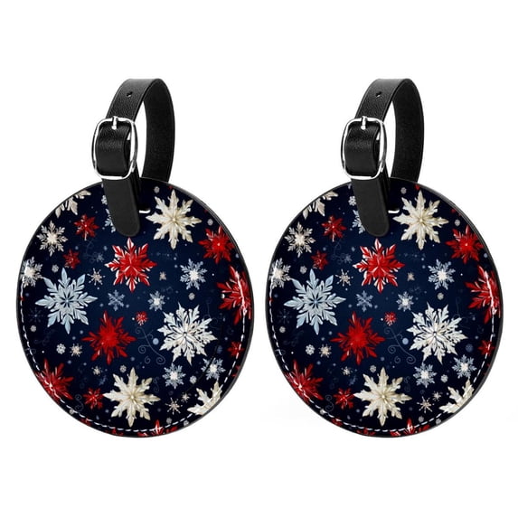 Christmas Snowflakes 2Pcs PU Leather Round Luggage Tags with Privacy Cover and Name ID Tag for Suitcase, Handbags, Backpacks, School Bags