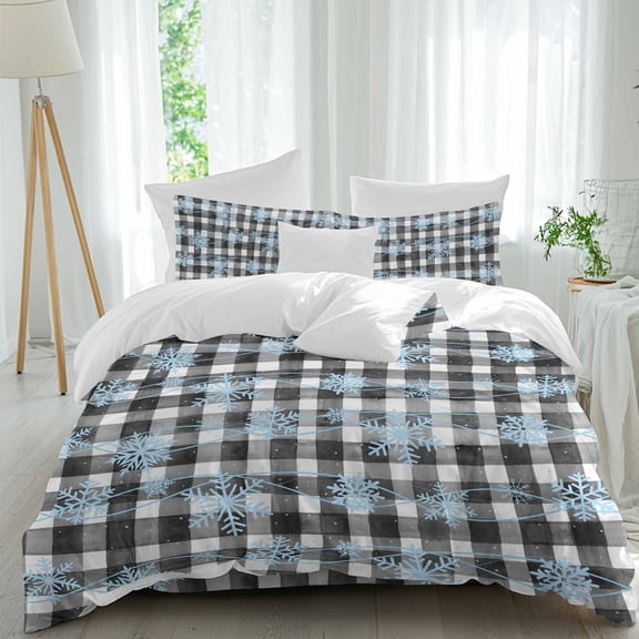 Christmas Snowflakes 4 Piece Duvet Cover Set Queen Size Winter Blue Waves Black White Check Texture Soft Bedding Set Comforter Cover, 1 Duvet Cover 1 Flat Sheets and 2 Pillowcases