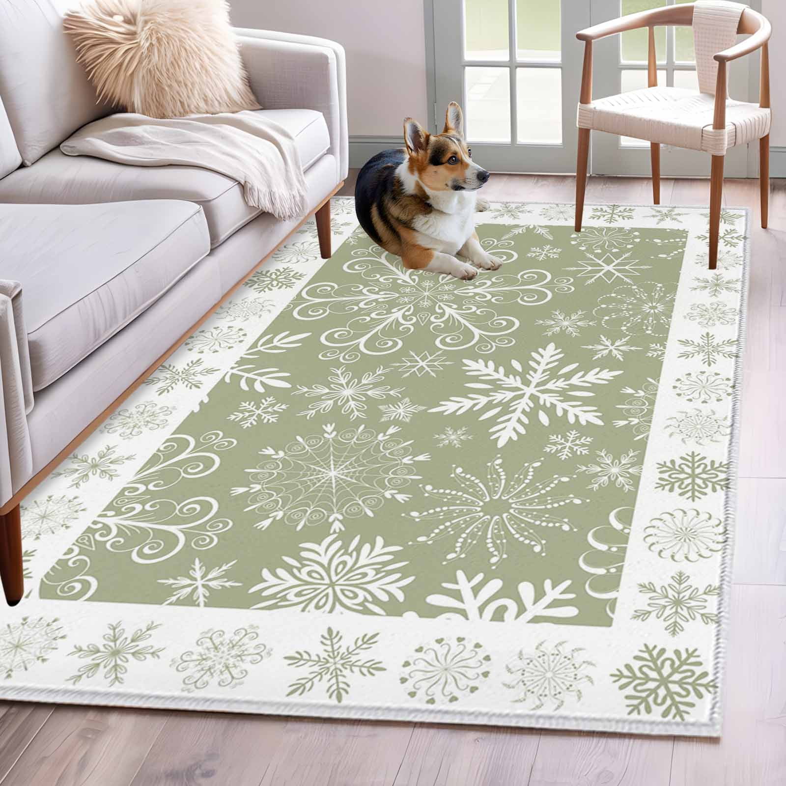 Christmas Snowflakes Area Rug 3x5 Washable Rug Non Slip Green Xmas Winter Vintage Large Area Rug Indoor Floor Carpet for Entryway Bedroom Kitchen Living Room Home Office Dining Room Nursery