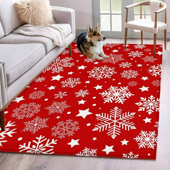 Christmas Snowflakes Area Rug 4x6 Washable Rug Non Slip Winter Xmas Red White Large Area Rug Indoor Floor Carpet for Entryway Bedroom Kitchen Living Room Home Office Dining Room Nursery