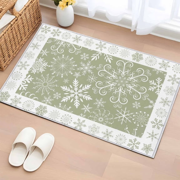 Christmas Snowflakes Bathroom Rug Washable 2x3 Entryway Rug Non Slip Green Xmas Winter Vintage Front Door Mat Low Pile Indoor Doormat Throw Floor Carpet for Kitchen Bedroom Entrance