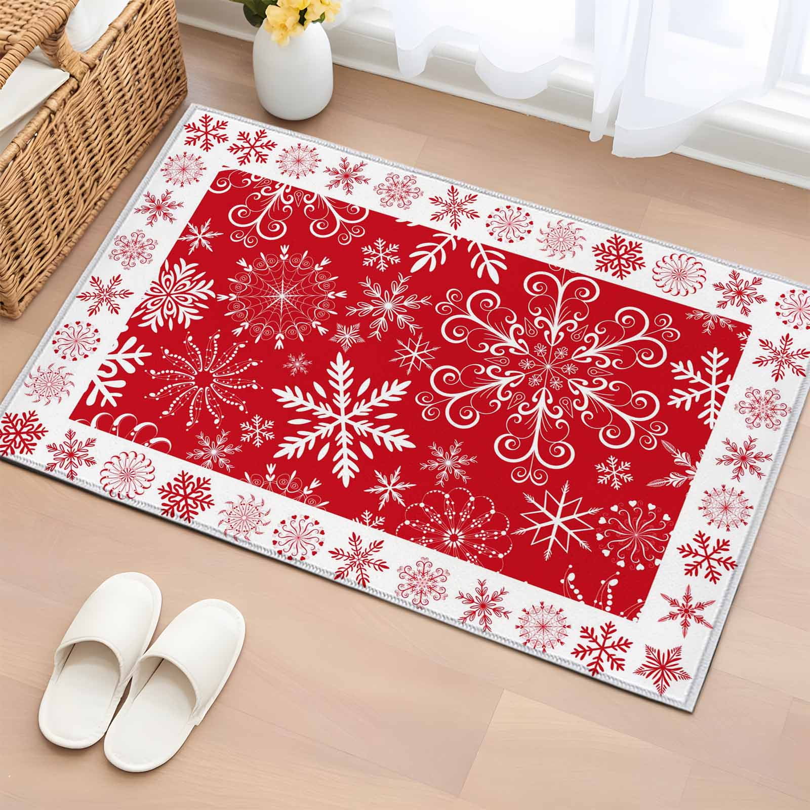 Christmas Snowflakes Bathroom Rug Washable 2x3 Entryway Rug Non Slip Red Xmas Winter Vintage Front Door Mat Low Pile Indoor Doormat Throw Floor Carpet for Kitchen Bedroom Entrance