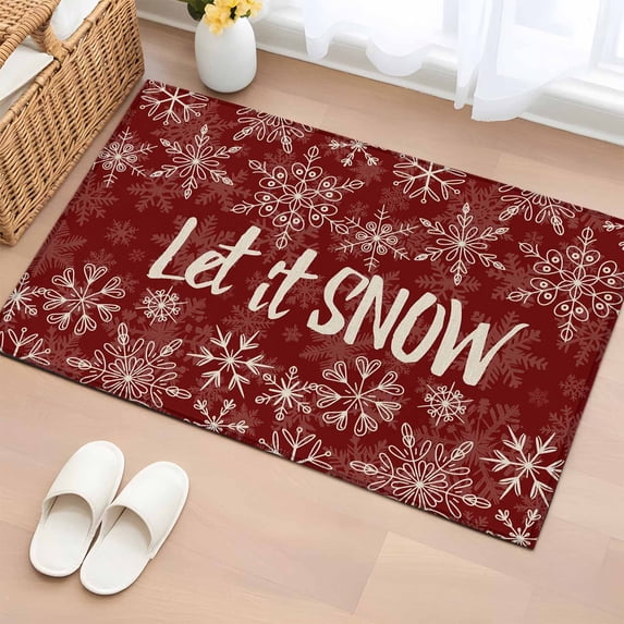 Christmas Snowflakes Bathroom Rug Washable 2x3 Entryway Rug Non Slip Winter Xmas Flower Textured Red Front Door Mat Low Pile Indoor Doormat Throw Floor Carpet for Kitchen Bedroom Entrance