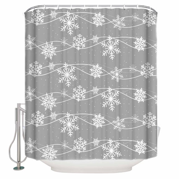 Christmas Snowflakes Bathroom Shower Curtains with Hooks, Winter White Waves Dot Snowflake Grey Texture Waterproof Fabric Washable Shower Curtain for Home Hotel Bathtub Decor 72x72 Inches