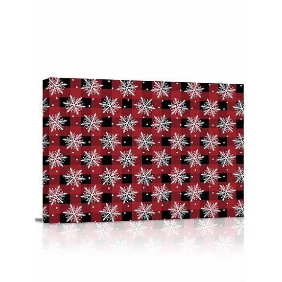 Christmas Snowflakes Canvas Print Wall Art Winter Snowfall Red Black Plaid Patches Pictures Painting Morden Artwork for Living Room Bedroom, Ready to Hang - 12"x16"