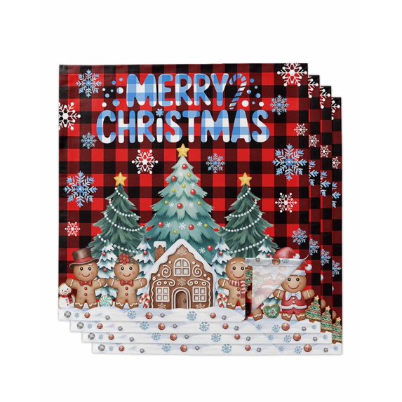 Christmas Snowflakes Cloth Napkins Set of 4 Reusable Dinner Napkins, Winter Gingerbread Man Xmas Tree Plaid Cocktail Napkin Washable Table Napkins for Wedding/Holiday Party/Baby Shower 20"x20"