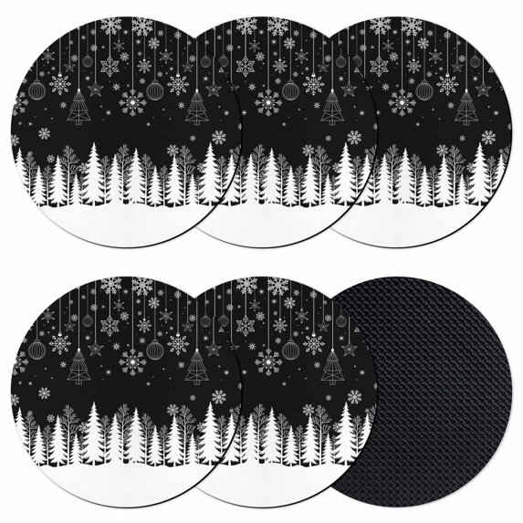 Christmas Snowflakes Coasters Set of 6, Absorbent Coasters for Drinks, Xmas Balls Winter Pine Tree Black Coaster for Desk Coffee Table Protection, Home Decor House Warming Gifts 4"