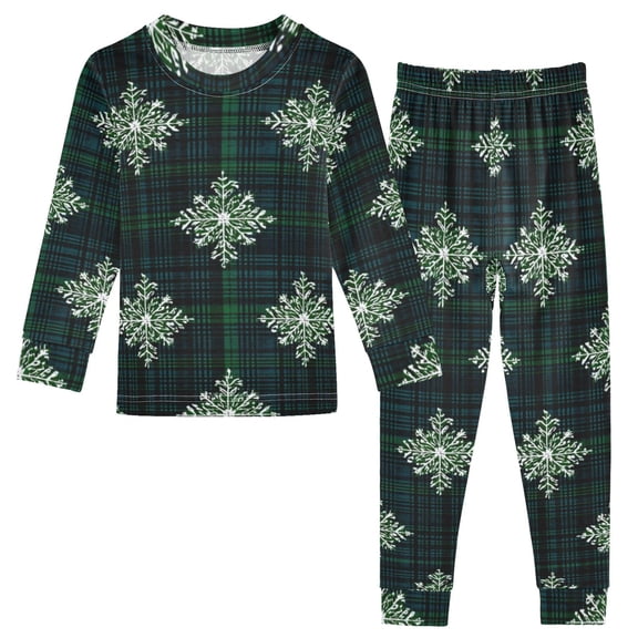 Christmas Snowflakes Dark Green Tartan Plaid Cotton Pajama Set Long Sleeve Top and Pants Sleepwear Unisex 18M