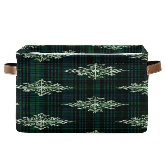 Christmas Snowflakes Dark Green Tartan Plaid Square Storage Bins with Handles Collapsible Containing Box 1 Pack