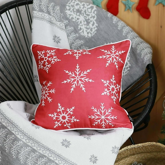 Christmas Snowflakes Decorative Single Throw Pillow 18" x 18" Red & White Square for Couch, Bedding