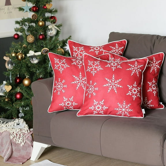 Christmas Snowflakes Decorative Throw Pillow Set of 4 Square 18 in. x 18 in. Red & White for Couch, Bedding