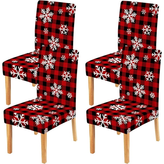 Christmas Snowflakes Dining Chair Covers Set of 4, Red Buffalo Plaid Merry Xmas Parsons Chair slipcovers, Kitchen Winter Holiday Decor Chair Seat Cover Protectors(Red Plaid,4 Pack)
