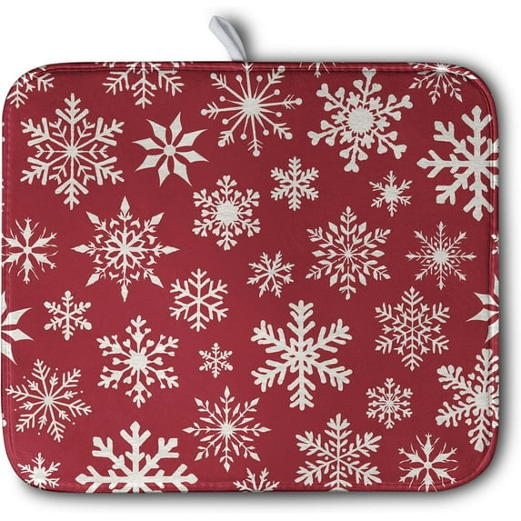 Christmas Snowflakes Dish Drying Mat for Kitchen Counter 16x18 Inch Red White Winter Xmas Pattern Dish Drying Pad for Dishes Microfiber Absorbent Dish Drainer Rack Mats for Countertop