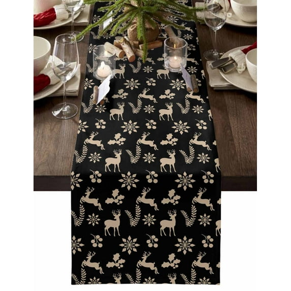 Christmas Snowflakes Dresser Scarf Farmhouse, Dining Table Decorations for Wedding/Parties, Xmas Deer Winter Holly Plant Black Table Runner 36 Inches Long for Kitchen Dining, 13 x 36 In