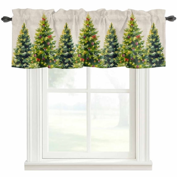 Christmas Snowflakes Farmhouse Short Window Curtain Valances, Xmas Winter Green Pine Trees Beige Rod Pocket Kitchen Valances for Living Room Bedroom Bathroom Cafe 42" x 18"