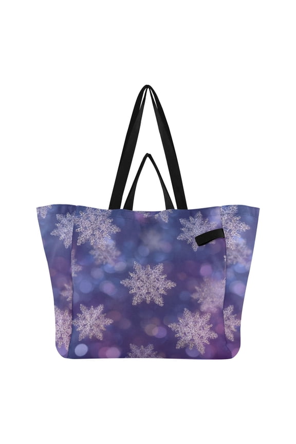 Christmas Snowflakes Flash Spots Purple Background Foldable Canvas Tote Bags Reusable Grocery Bags Laundry Bags Beach Bag 32L