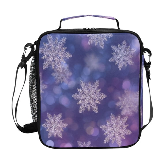 Christmas Snowflakes Flash Spots Purple Background Insulated Lunch Bag Reusable Lunch Box Lunch Container with Straps