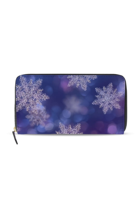 Christmas Snowflakes Flash Spots Purple Background Women's Long Zipper Wallet Bifold Clutch Purse PU Leather Card Cases