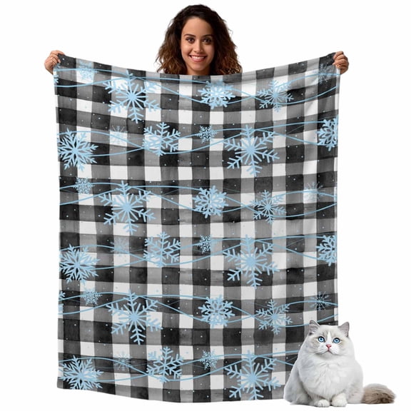 Christmas Snowflakes Fleece Throw Blanket Lightweight Winter Blue Waves Black White Check Texture Fuzzy Flannel Throws Super Soft Cozy Flannel Blanket for Couch, Sofa, Bed, Travel 60"x80"