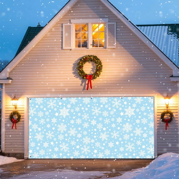 Christmas Snowflakes Garage Door Banner Covers, Blue Snowflakes Romantic Winter Large Hanging Indoor/Outdoor Backdrop Background for Christmas Winter Party Decor, 6x13 FT