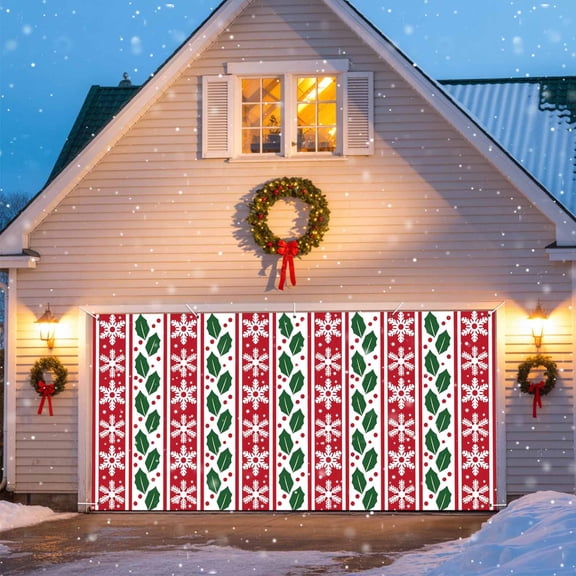 Christmas Snowflakes Garage Door Banner Covers, Red Snowflakes Stripes Winter Large Hanging Indoor/Outdoor Backdrop Background for Christmas Winter Party Decor, 6x13 FT