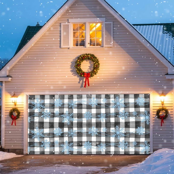 Christmas Snowflakes Garage Door Banner Covers, Winter Blue Waves Black White Check Texture Large Hanging Indoor/Outdoor Backdrop Background for Christmas Winter Party Decor, 6.9x8 FT