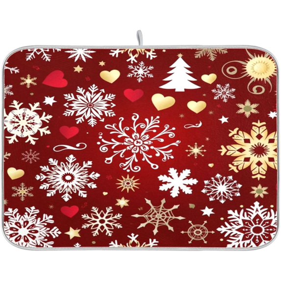 Christmas Snowflakes Heart Dish Drying Mat Kitchen Counter Mat Draining Mat Kitchen Accessories Dish Rack Pad for Dishes, Utensils, Countertops, Sinks 16x18in