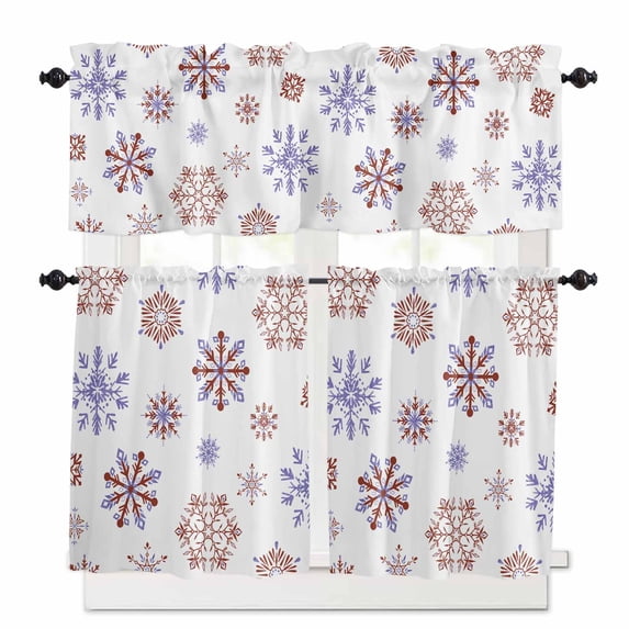 Christmas Snowflakes Kitchen Curtains and Valances Set, Xmas Purple Brown White Background Rod Pocket Window Valance 18 Inch Window Curtain Panels for Living Room Bedroom Laundry, 27.5x36in, 3 Pieces