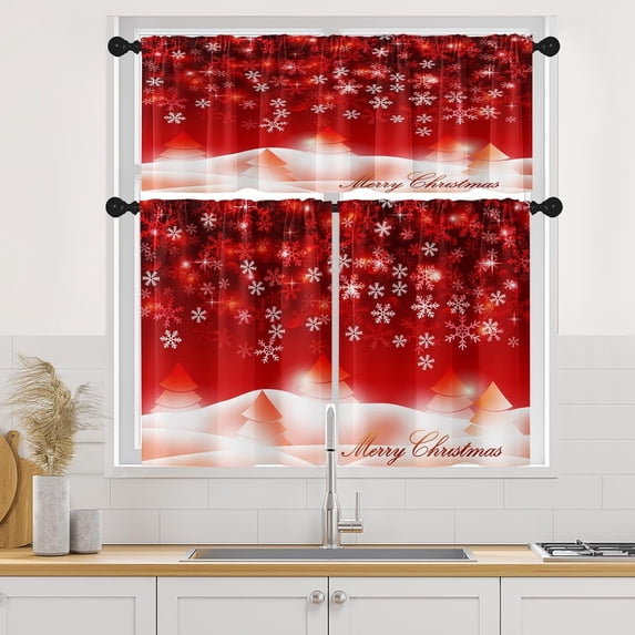 Christmas Snowflakes Kitchen Curtains Window Curtains and Valances Set 36 Inch, Red Snow Tree Winter Xmas Short Tier Curtain for Kitchen, Merry Christmas Small Kitchen Decor