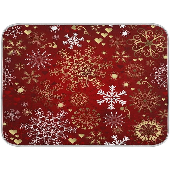 Christmas Snowflakes On Dark Red Dish Drying Mat, Absorbent Dish Drying Mat for Kitchen, 16" x 18"