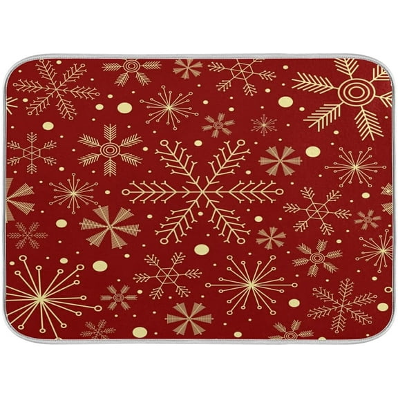 Christmas Snowflakes On Dark Red Dish Drying Mat, Absorbent Dish Drying Mat for Kitchen, 16" x 18"