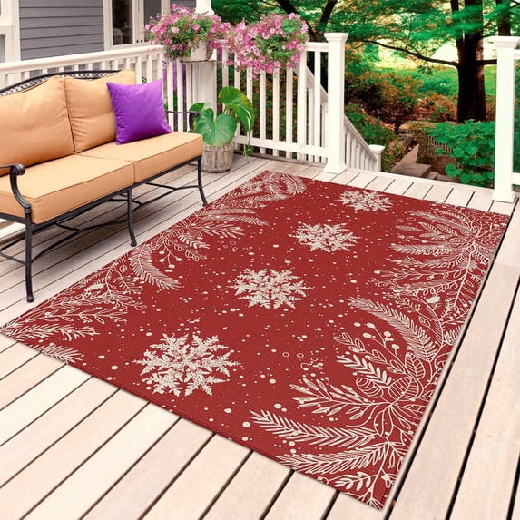 Christmas Snowflakes Outdoor Rug for Patio/Deck/Porch, Non-Slip Large Area Rug 6 x 9 Ft, Winter Xmas Pine Leaf Red on Linen Indoor Outdoor Rugs Washable Area Rugs, Camping Rug Carpet Runner