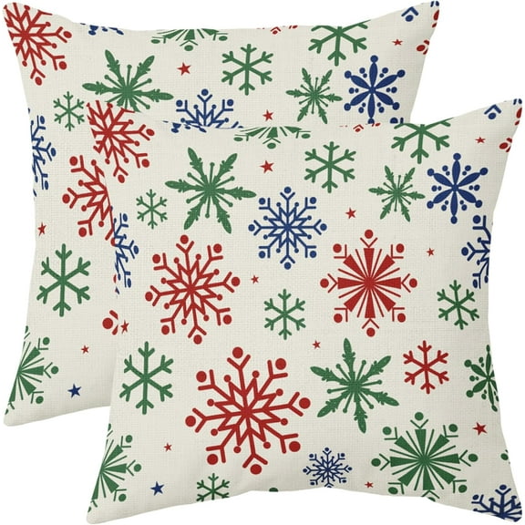 Christmas Snowflakes Pillow Covers 18x18 Set of 2 Red Green Blue Rustic Xmas Colored Holiday Decoration Print Outdoor Decorative Throw Pillows Farmhouse Winter Linen Cushion Case Sofa Couch Decor
