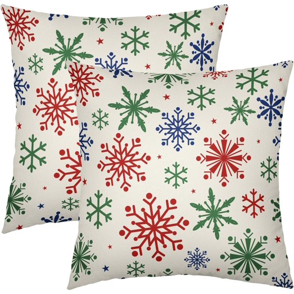 Christmas Snowflakes Pillow Covers 20x20 Set of 2 Red Green Blue Rustic Xmas Colored Holiday Decoration Print Outdoor Decorative Throw Pillows Farmhouse Winter Linen Cushion Case Sofa Couch Decor
