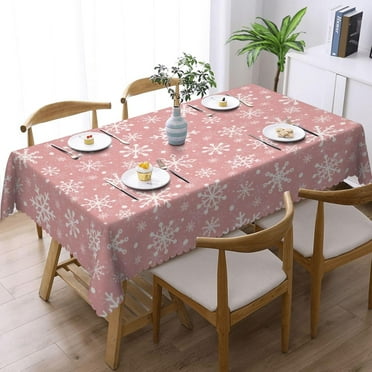 Christmas Snowflakes Pink Tablecloth, Winter Xmas Snowflake Table Cloth for Rustic Farmhouse Kitchen Decor, Wipeable Table Cover Rectangle Tablecloths for Holiday Party, 60" X 84"