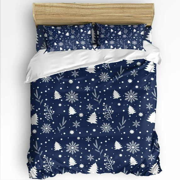Christmas Snowflakes Queen Size Comforter Set, Trees Leaves Blue White Retro Soft Bedding for All Seasons, 4 Pcs Bed Set with 1Comforter (90"x92") ,1 Sheet(94"x116"), 2 Pillowcases (19"x29")