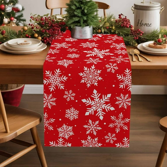 Christmas Snowflakes on Red Background Table Runner 16x72in Non-Slip Cotton Linen Table Runners, Winter Scenery Dresser Scarves TableRunner for Dinner Kitchen Dining Wedding Party