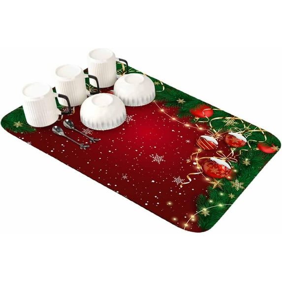 Christmas Snowflakes Red Dish Drying Mat for Kitchen Counter, Absorbent Quick Dry Coffee Bar Mat Pad Thin Diatomaceous Sink Mat, Winter Xmas Balls Pine Branches Non Slip Dish Drainer Mat 16x18
