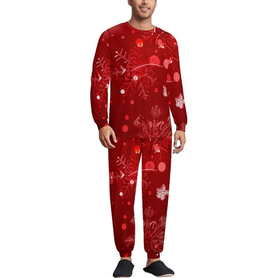 Christmas Snowflakes Red Men's Pajama Set Sleepwear Pjs Lightweight Long Sleeve Crewneck Shirts and Bottoms Soft Comfy Sleep Sets XS