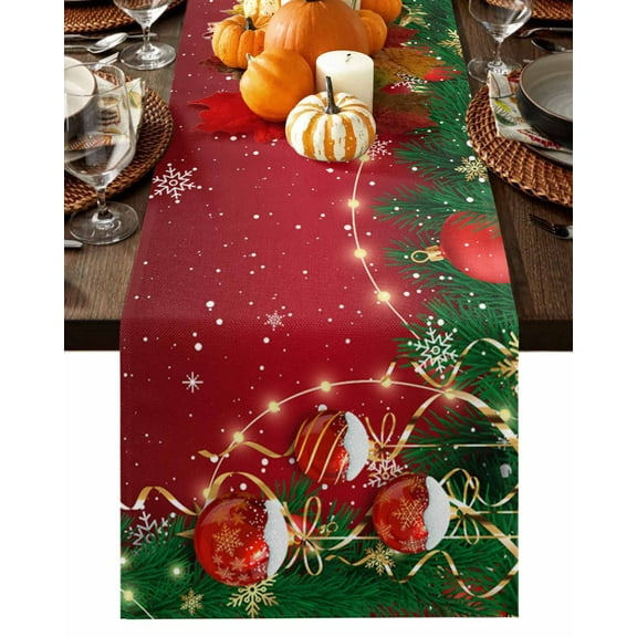 Christmas Snowflakes Red Table Runner-Cotton Linen- 70 Inch Holiday Dresser Scarves, Winter Xmas Balls Pine Branches Tablerunner for Kitchen Coffee/Dining Bedroom Living Room Dinner Scarf Décor 13x70