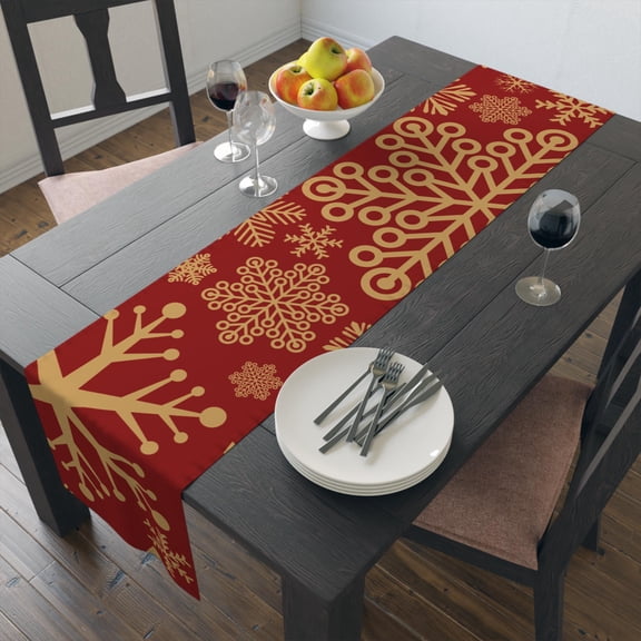 Christmas Snowflakes Red and Gold | 90"x16" Polyester Table Runner