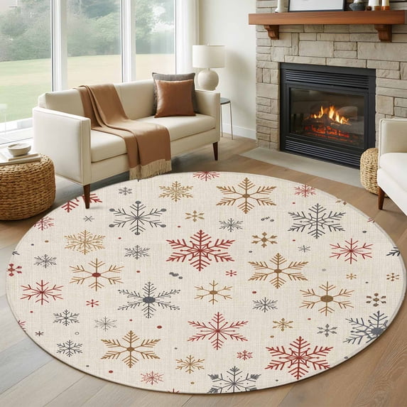 Christmas Snowflakes Round Area Rug 6Ft Washable Circle Rugs for Bathroom Office, Xmas Snowy Winter Beige Non-Slip Carpet Floor Mats Indoor Outdoor Carpet Runner Aesthetic Home Decor