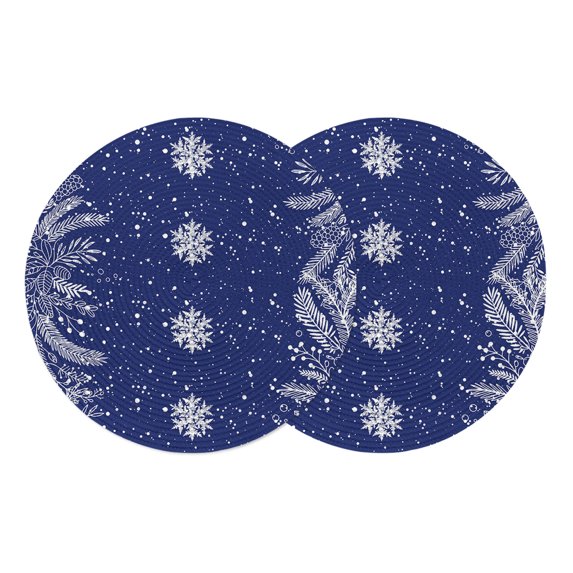Christmas Snowflakes Round Placemats Set of 2, Braided Polypropylene Place Mats, Winter Xmas Pine Leaf Navy Blue Washable Table Mats for Kitchen Dinner Holiday Wedding Party Coffee Table Decor 13"