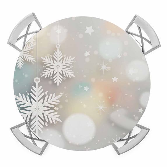 Christmas Snowflakes Round Tablecloth for 45-54 Inch Tables,Fitted Table Cover with Elastic Edge,White Sparkle Stars Romantic Xmas Waterproof Outdoor Table Cloth Protector for Patio Garden Dinner