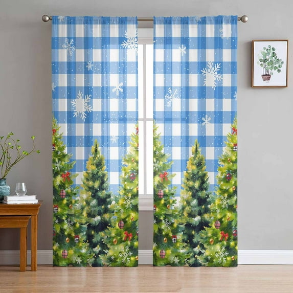 Christmas Snowflakes Sheer Curtains 108 Inches Long, Xmas Winter Green Pine Trees Blue Plaid Light Filtering Window Curtains for Living Room, Rod Pocket Voile Sheer Drapes, 52"Wx108"L, 2 Panels