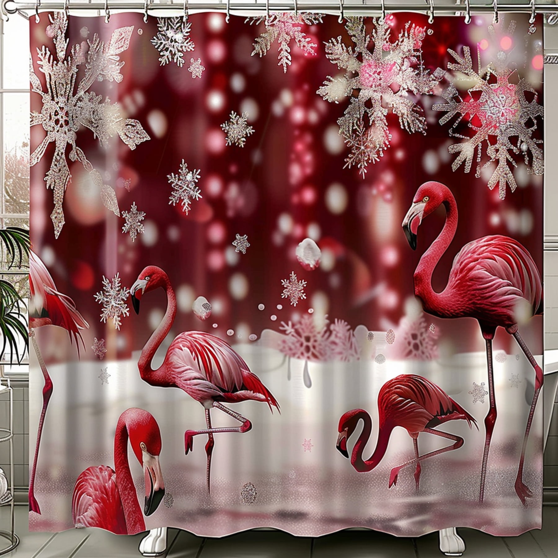Christmas Snowflakes Shower Curtain Red Theme Festive Design White Snow