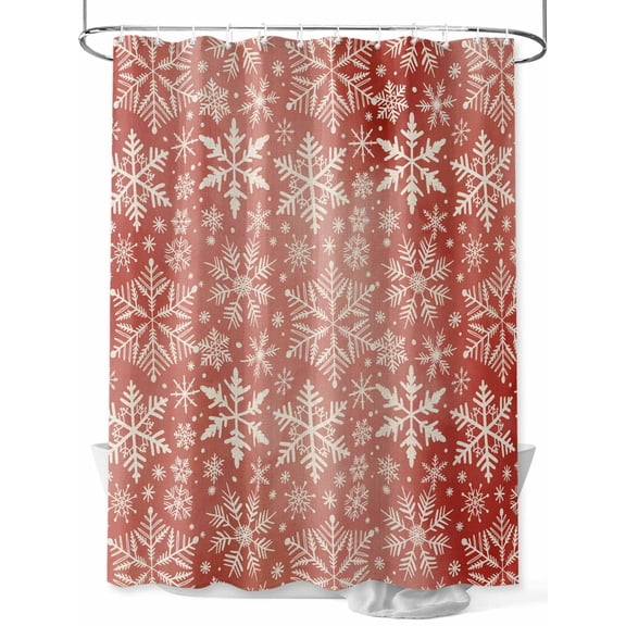 Christmas Snowflakes Shower Curtain Set, Waterproof Shower Curtains for Bathroom, Red Winter White Snow Retro Washable Fabric Cloth Bath Curtain for Bathtub Decoration with Hooks 60x72 Inches