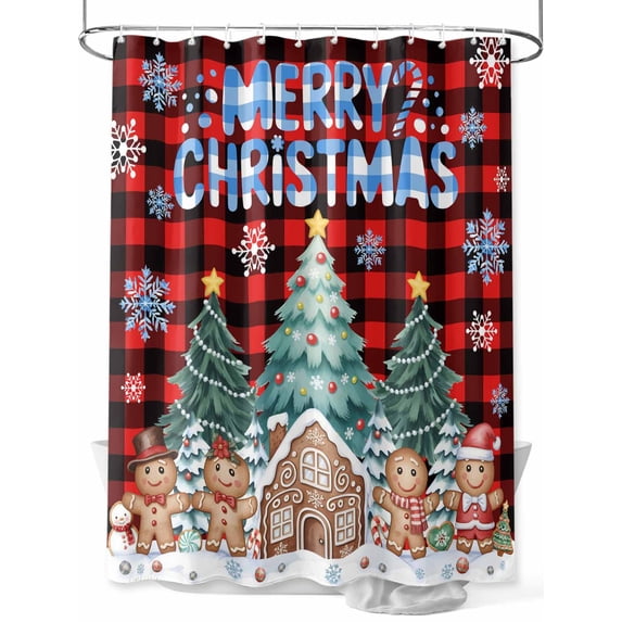 Christmas Snowflakes Shower Curtain Set, Waterproof Shower Curtains for Bathroom, Winter Gingerbread Man Xmas Tree Plaid Washable Fabric Cloth Bath Curtain for Bathtub with Hooks 72x78 Inches