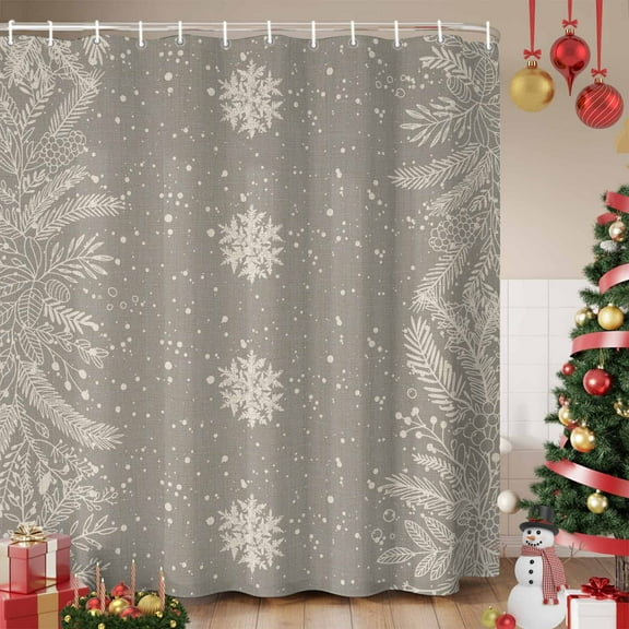 Christmas Snowflakes Shower Curtain, Winter Xmas Pine Leaf Grey on Linen Waterproof Fabric Shower Curtains with 12 Hooks, Bathroom Curtain Set for Bathroom Accessories Decor, 36 x 78 Inches