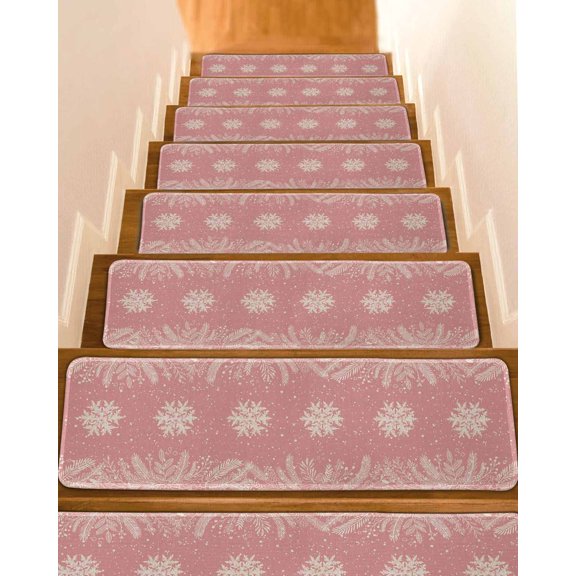 Christmas Snowflakes Stair Treads for Wooden Steps Indoor Runner Rug Carpet, Winter Xmas Pine Leaf Pink Red 4 Pieces Peel and Stick Staircase Step Treads Covers Washable Throw Door Mats, 30"x8"